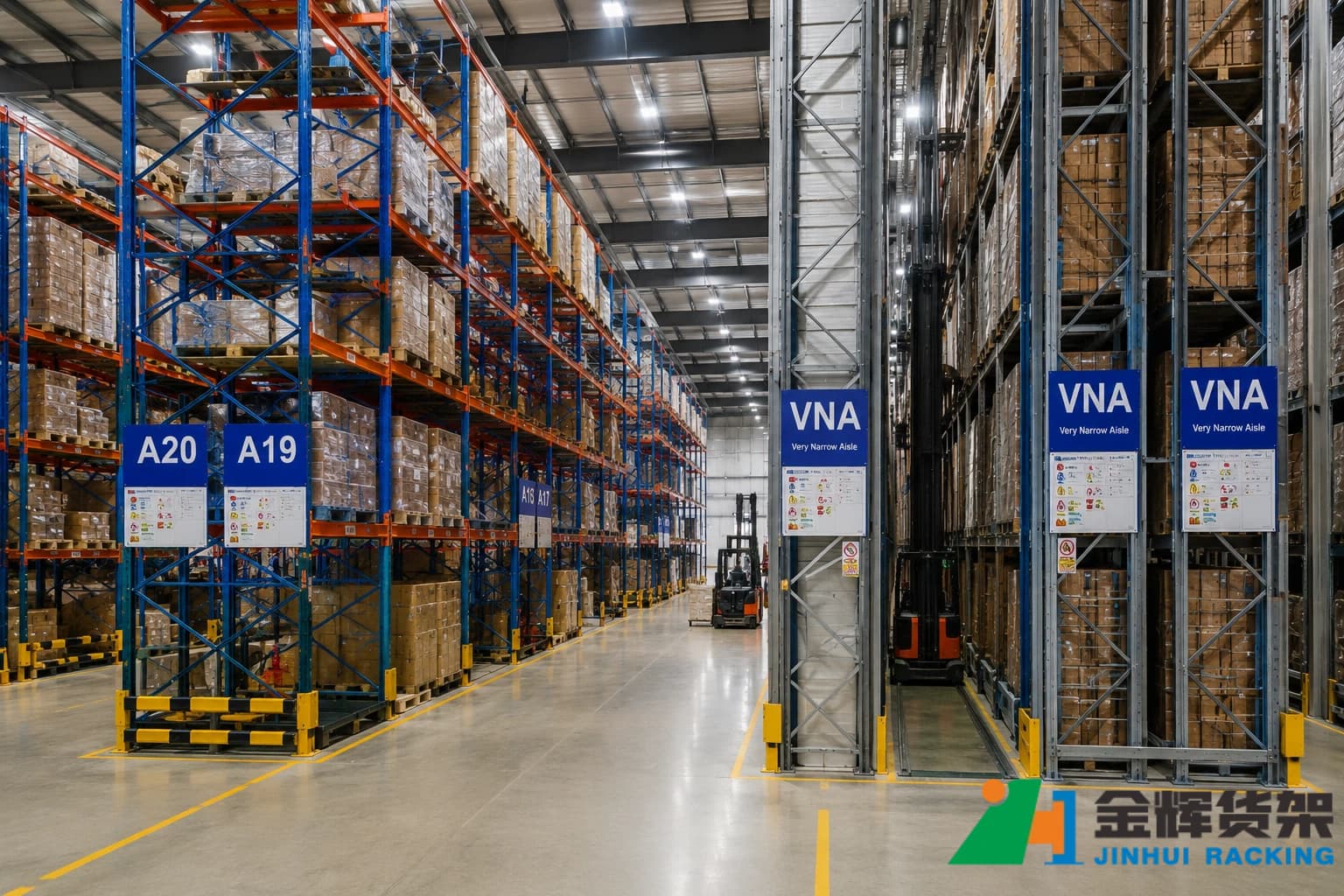 Heavy duty selective pallet racking and VNA pallet racking systems inside a modern distribution warehouse Heavy duty selective pallet racking and VNA pallet racking systems inside a modern distribution warehouse